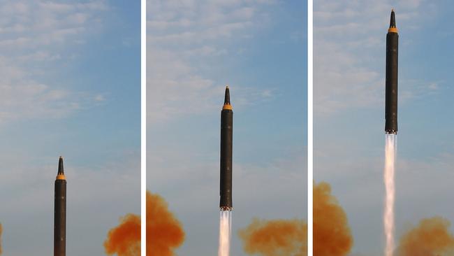 North Korea on Friday launched a drill of the medium-and-long range strategic ballistic rocket Hwasong-12. Picture: KCNA/AFP