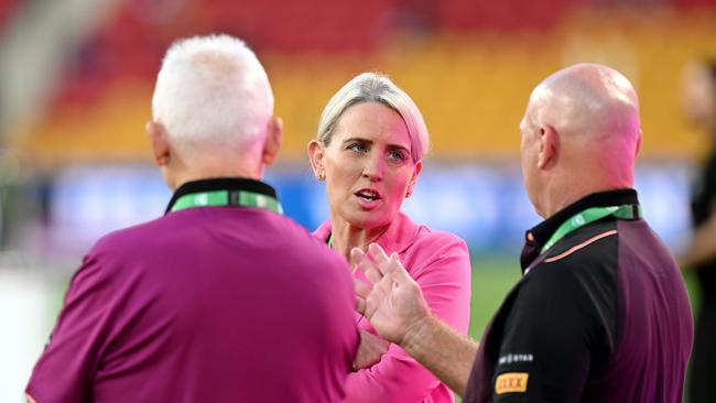 Australian Rugby League Commissioner Kate Jones - a former Labor minister - is seen chatting with former Broncos player Allan Langer at Suncorp Stadium, on March 14, 2024, in Brisbane, Australia. Picture: Bradley Kanaris