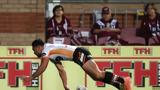 David Nofoaluma was as brilliant as ever with a hattrick against Manly. Picture: Getty Images.