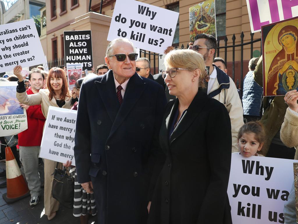 Reverend the Honourable Fred Nile joins Pro life protestors gathered at the front of NSW State Parliament in Sydney ahead of the debate of a possible abortion bill. Picture: Richard Dobson