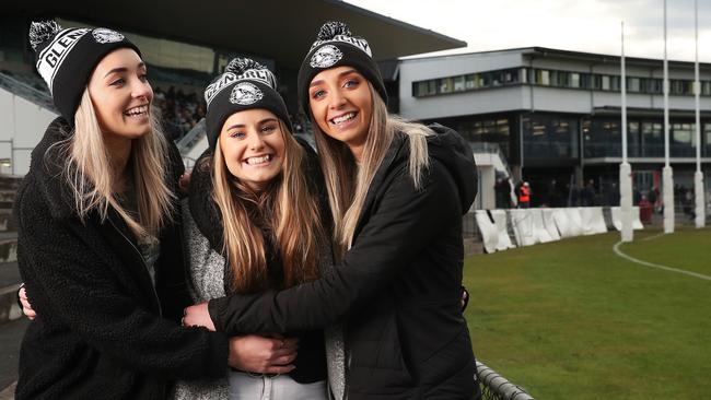 L-R Elise Barwick, Brie Barwick, Hollie Barwick, who are Glenorchy Football Club TSLW players, at the game between Glenorchy and Launceston. Tasmanian State League football returned for the first time in 2020. Picture: NIKKI DAVIS-JONES