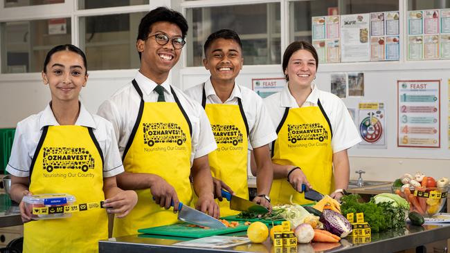 Year 8 students Toleen Abokarsh, Sydney Putragunada, Aman Singh, and Erika Elphick have been trialling OzHarvest charity’s new FEAST program for secondary schools. Picture: Julian Andrews