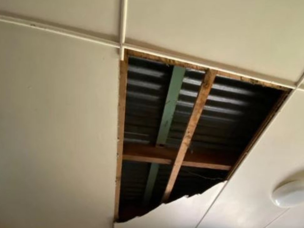 Two carpet snakes, weighing a combined 22kg, have smashed a hole in a Dayboro kitchen ceiling.