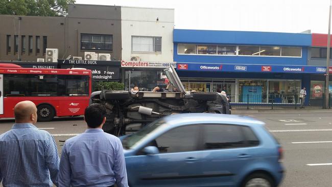 The three-car collision in Military Rd, Mosman, this morning. Police believe there were no serious injures. Picture: Cal Tobin