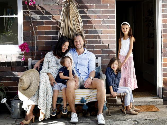 Natalie Decorte and Janek Gazecki with their children Cassian, Blaise and Indigo at home in Sydney’s Bondi. Picture: Nikki Short