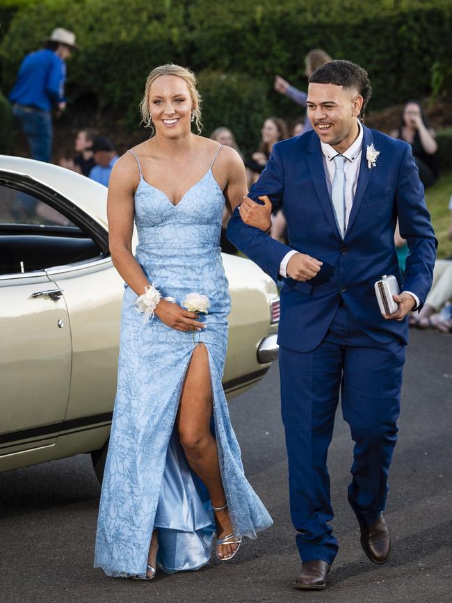 Bridget Fraser and Yarran Duncan arrive at Harristown State High School formal at Highfields Cultural Centre, Friday, November 18, 2022. Picture: Kevin Farmer