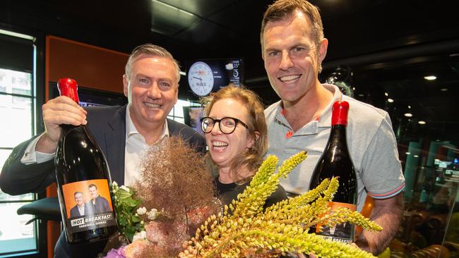 Eddie McGuire, Luke Darcy and Rosie Walton sign off from Triple M Hot Breakfast after 11 years. Picture: Tony Gough