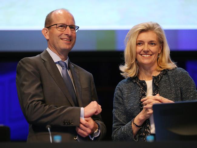 AMP CEO Craig Mellor stands on stage  with Chairman Catherine Brenner before their AGM in Sydney, Thursday, May 11, 2017. (AAP Image/David Moir) NO ARCHIVING