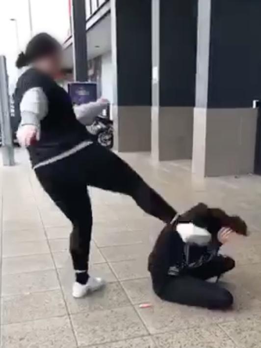 Screen grabs of a teen girl violently attacking another girl at Northland shopping centre.