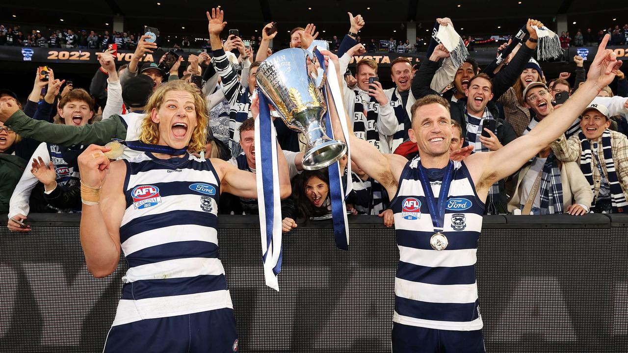 Sam De Koning of the Geelong Cats and Joel Selwood celebrate. Picture: Mark Stewart