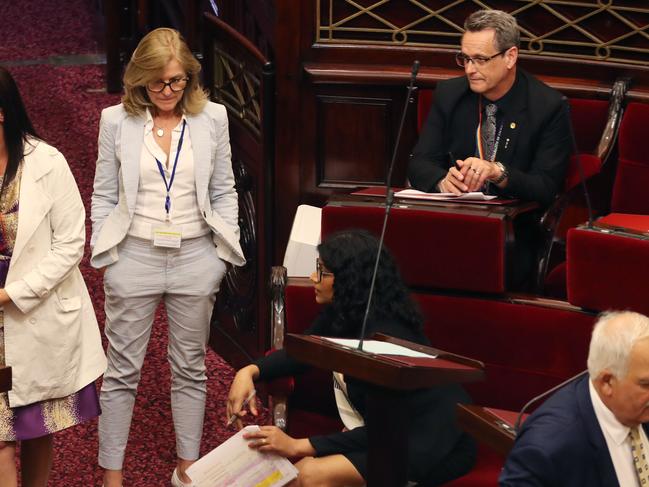 Fiona Patten, Samantha Ratnam and Andy Meddick during the marathon debate. Picture: David Crosling