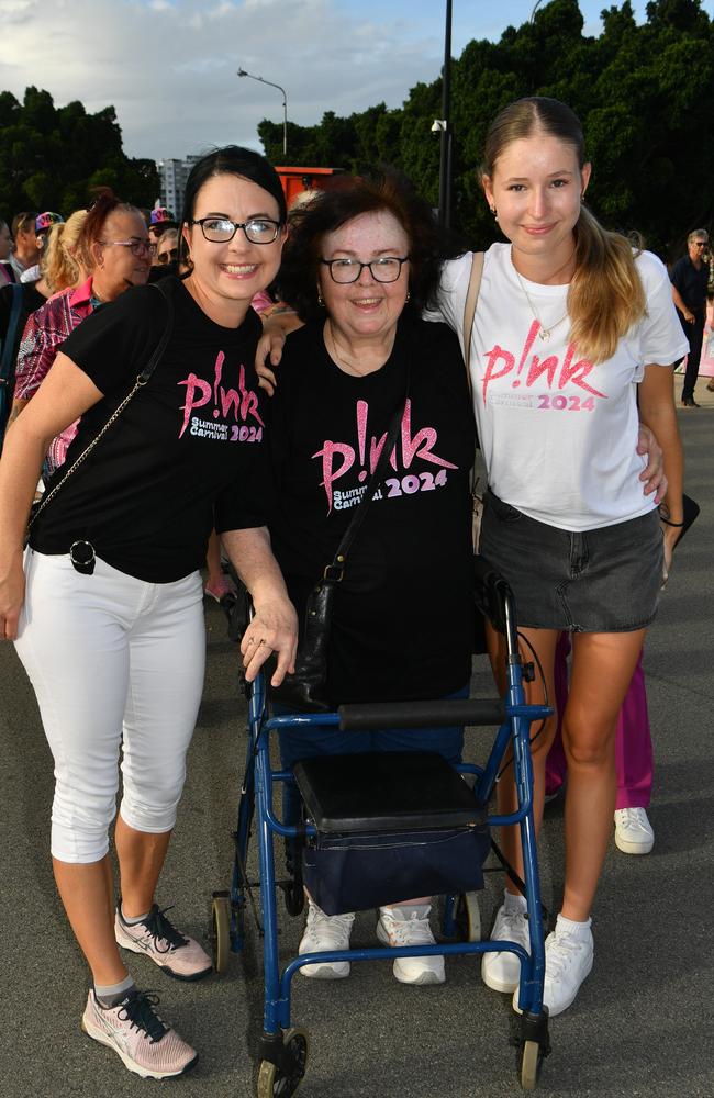 Socials at Pink convert at Townsville's Quensland Country Bank Stadium. Natasha Nemeth, Judith Dowd and Lexi Nemeth. Picture: Evan Morgan