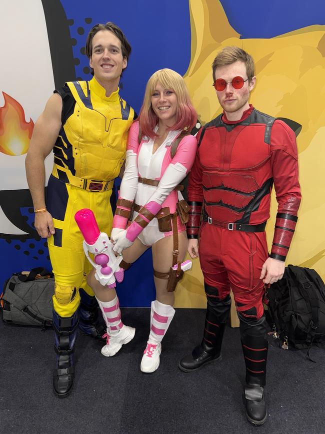 Edgar Laurie, Kess Huggins and Lachlan Peatling attend the Oz Comic Con Melbourne at the Melbourne Convention & Exhibition Centre on Saturday, June 07, 2025. Picture: Jack Colantuono