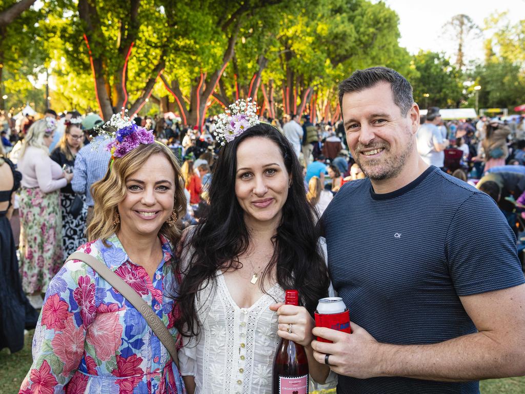 Bec Thrift (left) with Emma and Scott Gravenor at the Toowoomba Carnival of Flowers Festival of Food and Wine, Saturday, September 14, 2024. Picture: Kevin Farmer