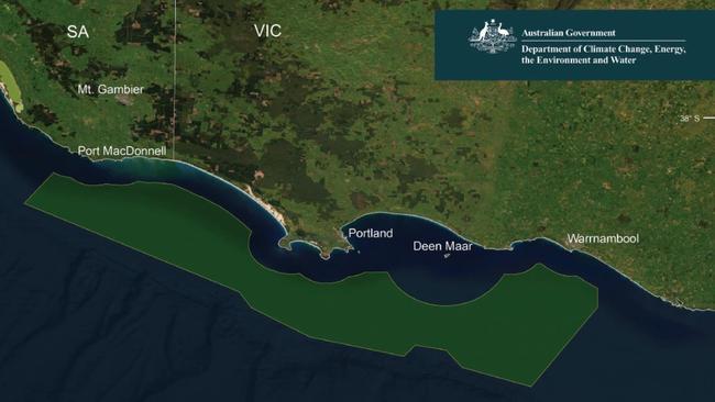 The original area proposed by the federal government for its Southern Ocean offshore wind energy zone. In March, Energy Minister Chris Bowen announced an area which is 20 per cent the size of that originally proposed, restricting development to the eastern Warrnambool end of the original proposal. Picture: Supplied