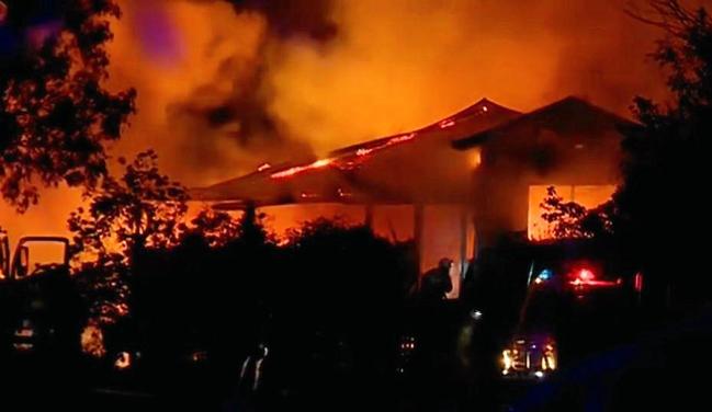 HOUSE BLAZE: QFES crews battled to contain a house fire reported at Traveston earlier this morning. Picture: 7NEWS SUNSHINE COAST