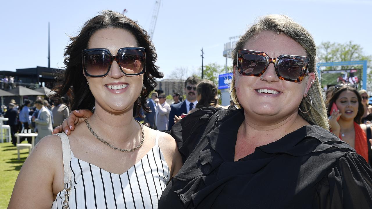 Caulfield Guineas horse race meeting, Caulfield, Victoria, Saturday 12th October 2024. Faces in the crowd. Pictured enjoying the race meeting are Harriet and Zoe. Picture: Andrew Batsch