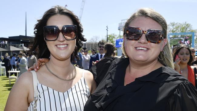 Caulfield Guineas horse race meeting, Caulfield, Victoria, Saturday 12th October 2024. Faces in the crowd. Pictured enjoying the race meeting are Harriet and Zoe. Picture: Andrew Batsch