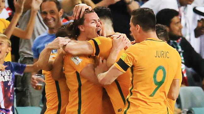 The Socceroos celebrate a Jackson Irvine goal. Pic: Mark Evans