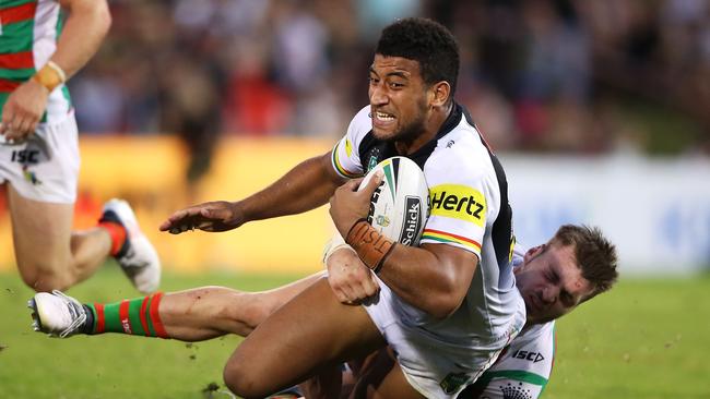 SYDNEY, AUSTRALIA - MARCH 17: Viliame Kikau of the Panthers is tackled during the round two NRL match between the Penrith Panthers and the South Sydney Rabbitohs at Penrith Stadium on March 17, 2018 in Sydney, Australia. (Photo by Mark Kolbe/Getty Images)