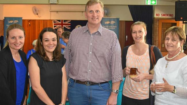 WAITING: Nicola Fisher, Hailey Cosh Rickard, LNP candidate for Southern Downs James Lister, Georgia Herbertson and Betsy Turner at the campaign launch. Picture: Gerard Walsh