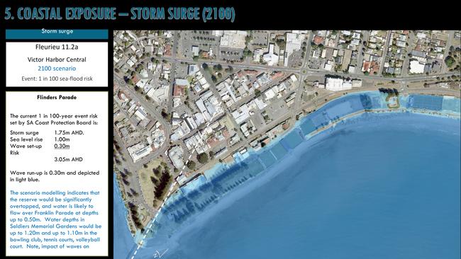 At Flinders Parade, Victor Harbor, the sea is already "overtopping" the rock wall and flooding the area. Two images, comparing the current risk of flooding and future risk for 2100 with 1m sea level rise. Source: Integrated Coasts.