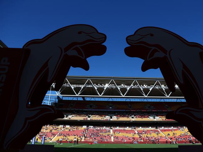 Dolphins warm up ahead of the round one NRL match between the Dolphins and Sydney Roosters at Suncorp Stadium on March 05, 2023 in Brisbane, Australia. (Photo by Chris Hyde/Getty Images)