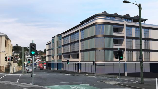 The proposed retail and accomodation development as seen from Harrington St.