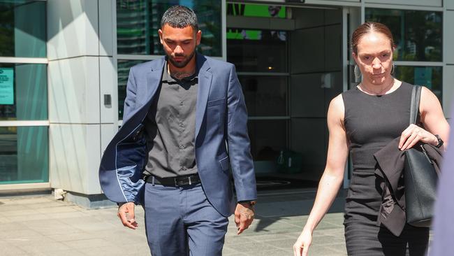 Tarryn Thomas leaving AFL house last month. Picture: Brendan Beckett