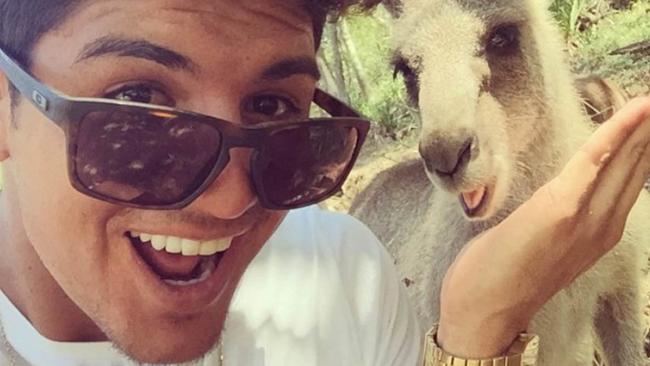 Gabriel Medina paid a visit to the Currumbin Wildlife Sanctuary to visit the kangaroos while waiting out the lay days for the Quiksilver Pro. Photo Facebook.