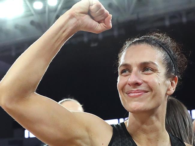 MELBOURNE, AUSTRALIA - JUNE 03: Ash Brazill of the Magpies thanks the crowd during the round 12 Super Netball match between Collingwood Magpies and Adelaide Thunderbirds at John Cain Arena, on June 03, 2023, in Melbourne, Australia. (Photo by Kelly Defina/Getty Images)