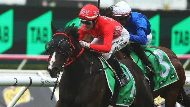 SYDNEY, AUSTRALIA - APRIL 20: Jamie Kah riding Mazu wins Race 5 Hall Mark Stakes during Sydney Racing at Royal Randwick Racecourse on April 20, 2024 in Sydney, Australia. (Photo by Jeremy Ng/Getty Images)