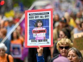 Demonstrators rally to pressure federal politicians to bring refugees from Nauru and PNG to Australia. Picture: PENNY STEPHENS