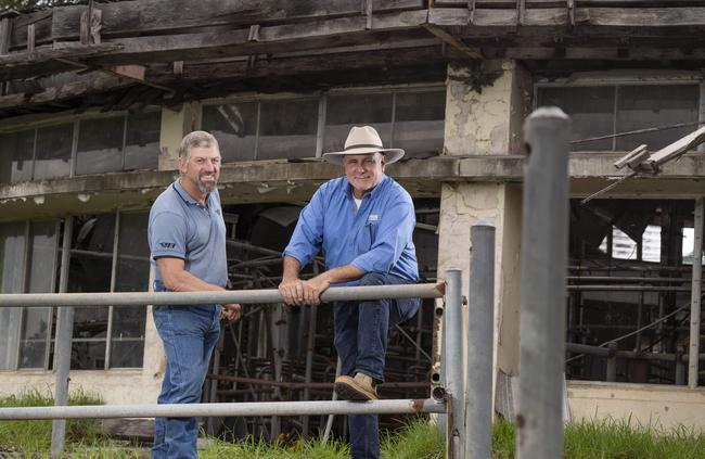 Land owners Cameron Halfpenny and Ernest Dupere plan to restore the Menangle Rotolactor and Creamery. Picture: Matthew Vasilescu