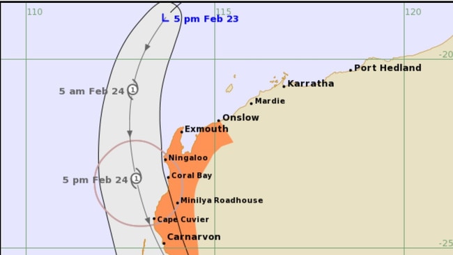 Ex-Tropical Cyclone Lincoln is sitting off the WA coastline and is expected to make landfall on Sunday morning. Picture: BOM