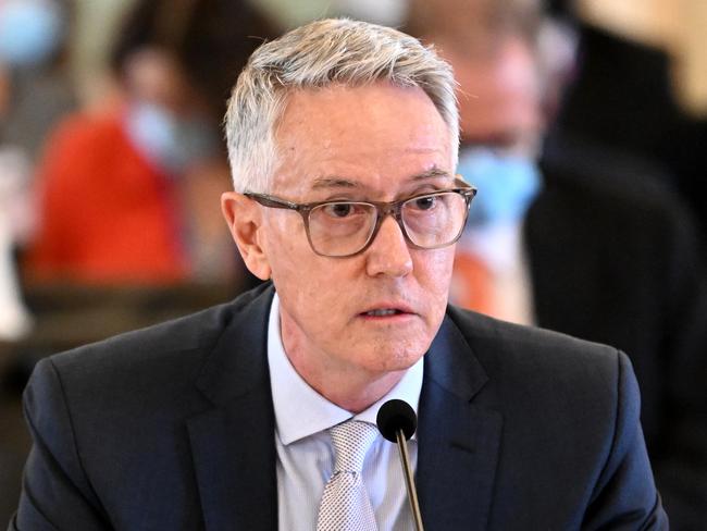 BRISBANE, AUSTRALIA - NewsWire Photos - AUGUST 3, 2022.Bruce Barbour, Chairperson of the Queensland Crime and Corruption Commission (CCC), answers questions during a Legal Affairs and Safety Committee Estimates hearing at Parliament House.Picture: NCA NewsWire / Dan Peled