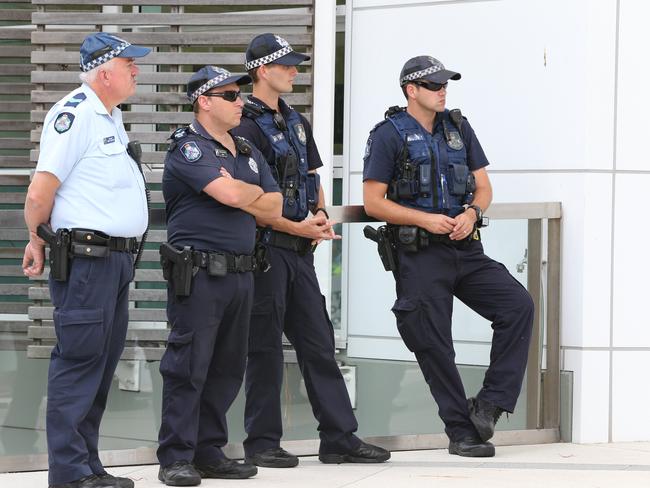 Protestors, including members of the Main beach Asociation, outside Gold Coast City Council objecting to Sunlands Hi Rise proposal at the Spit. Police keep watch. Picture Glenn Hampson