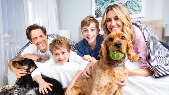 TV landscaping expert Charlie Albone and Juliet Love with sons Leo and Hartford and their dogs.