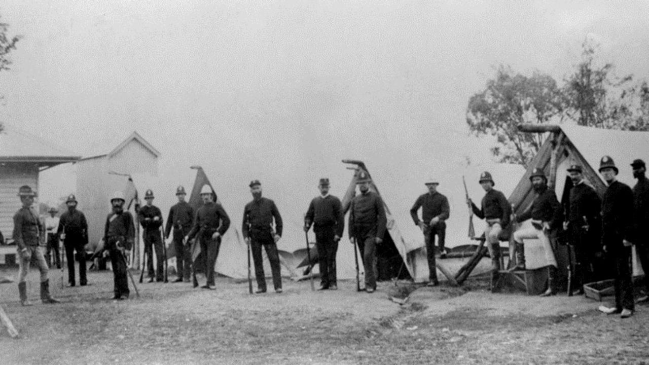 Police reinforcements camped at the Clermont Police Station during the 1891 Shearer’s Strike.