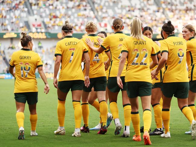 The Matildas celebrate Clare Polkinghorne’s goal against Spain. Picture: Matt King/Getty Images