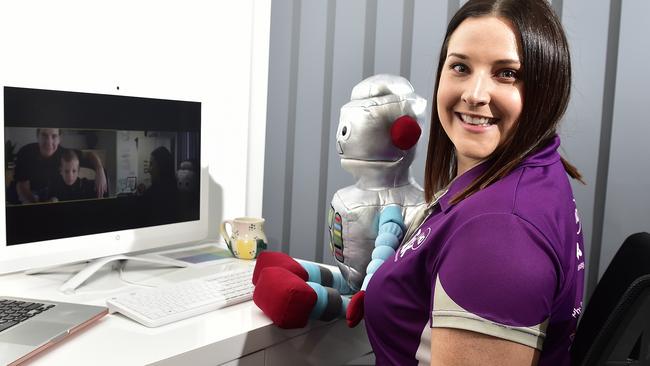 Talk HQ Speech Pathology part-owner Jenna Mottin is using a telehealth system to help contact clients such as Arlo Oar and his mum Chiara. PICTURE: MATT TAYLOR