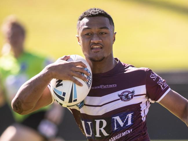 Action photographs from the Harold Matthews game between Manly v Penrith, at Brookvale Oval on 27th March 2021.Picture shows Manly's outstanding Latu Fainu making another break.(Pictures by Julian Andrews).