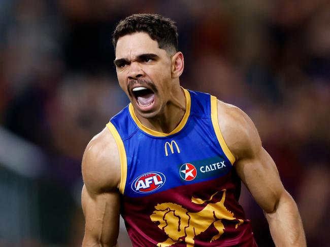 BRISBANE, AUSTRALIA - SEPTEMBER 23: Charlie Cameron of the Lions celebrates a goal during the 2023 AFL Second Preliminary Final match between the Brisbane Lions and the Carlton Blues at The Gabba on September 23, 2023 in Brisbane, Australia. (Photo by Dylan Burns/AFL Photos via Getty Images)