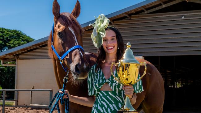 Darwin resident and model Tannwyn Lewis with the Tommy Logan trained Fromthenevernever has been named the 2023 Darwin Cup Carnival ambassador. Picture: Caroline Camilleri