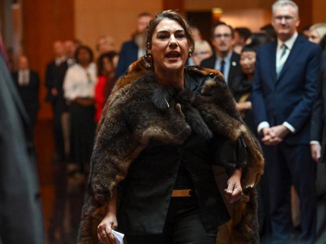 CANBERRA, AUSTRALIA - OCTOBER 21: Australian politician, Senator Lidia Thorpe heckles King Charles III during the ceremonial welcome and Parliamentary reception at the Australian Parliament House on October 21, 2024, in Canberra, Australia. The King's visit to Australia is his first as monarch, and the Commonwealth Heads of Government Meeting (CHOGM) in Samoa will be his first as head of the Commonwealth. (Photo by Victoria Jones - Pool/Getty Images)