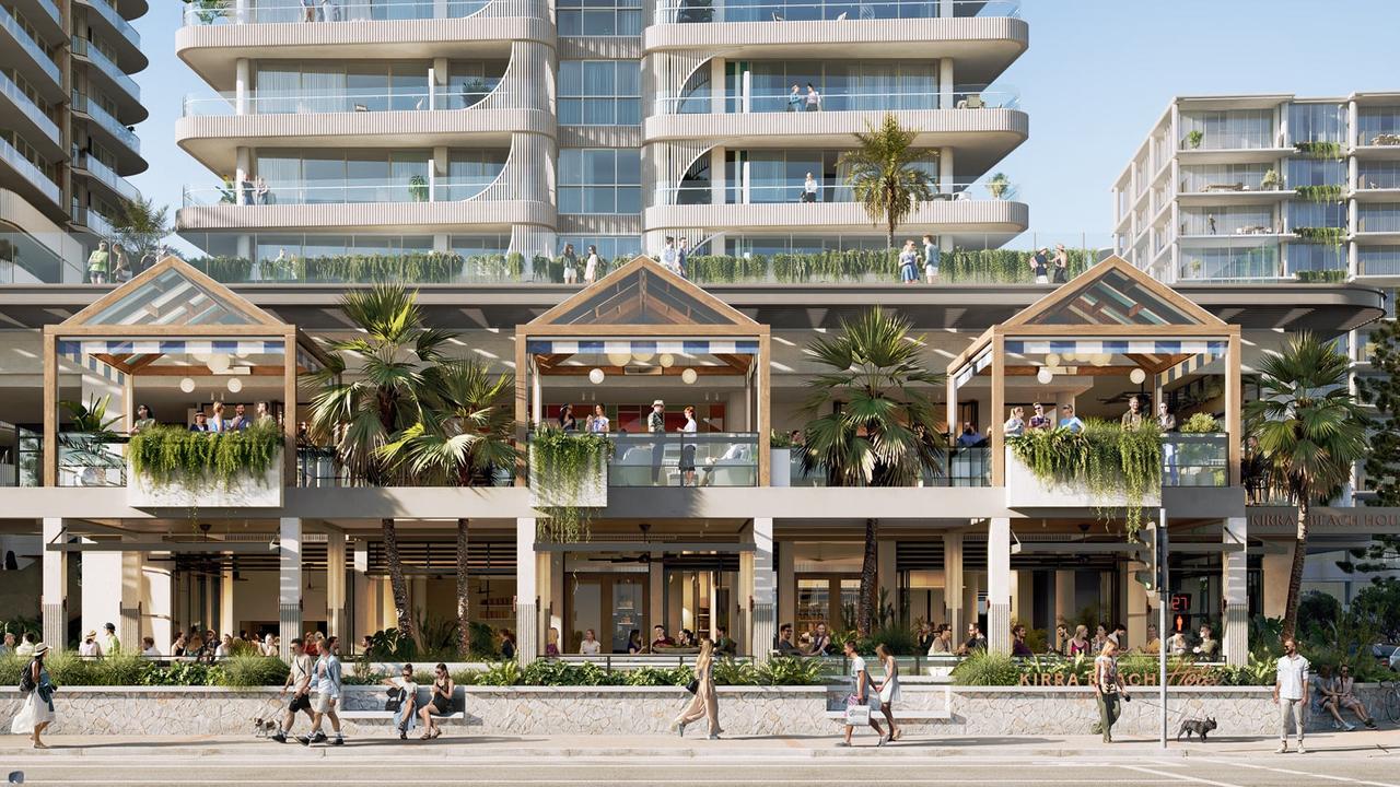 An artist’s impression of KTQ's Kirra Point precinct development, featuring the new-look Kirra Beach Hotel and Kirra Beach House.