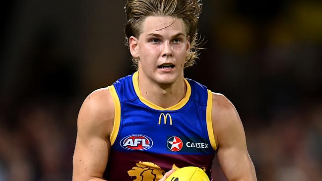 BRISBANE, AUSTRALIA - MARCH 24: Will Ashcroft of the Lions in action during the round two AFL match between Brisbane Lions and Melbourne Demons at The Gabba, on March 24, 2023, in Brisbane, Australia. (Photo by Albert Perez/AFL Photos via Getty Images)