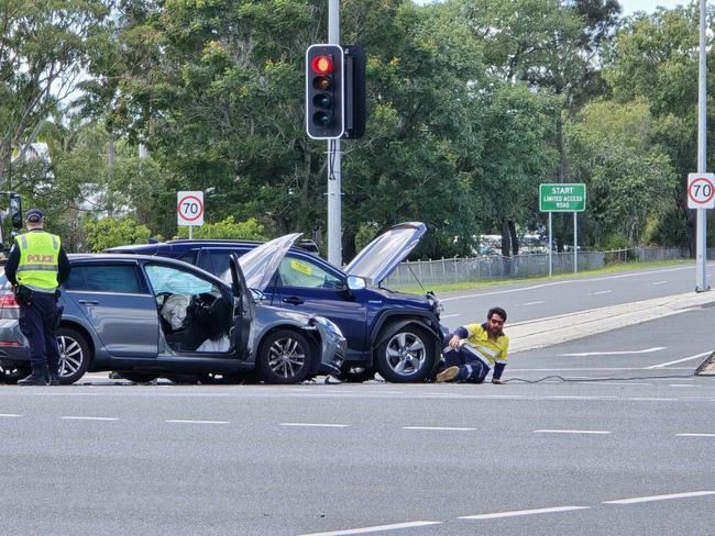 Emergency services and tow truck crew at the scene of a two-vehicle crash on the corner of Yaamba and Yeppoon Roads, Parkhurst on March 31, 2024.