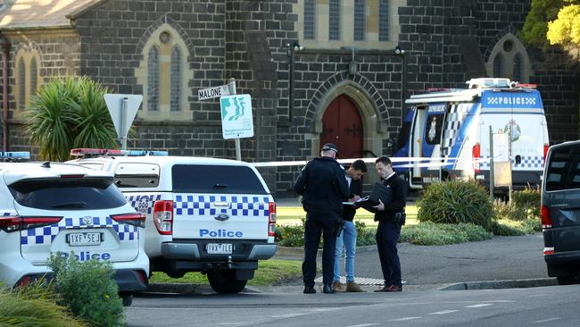 Police investigating after a body was found on Malone St in Geelong. Picture: Alison Wynd