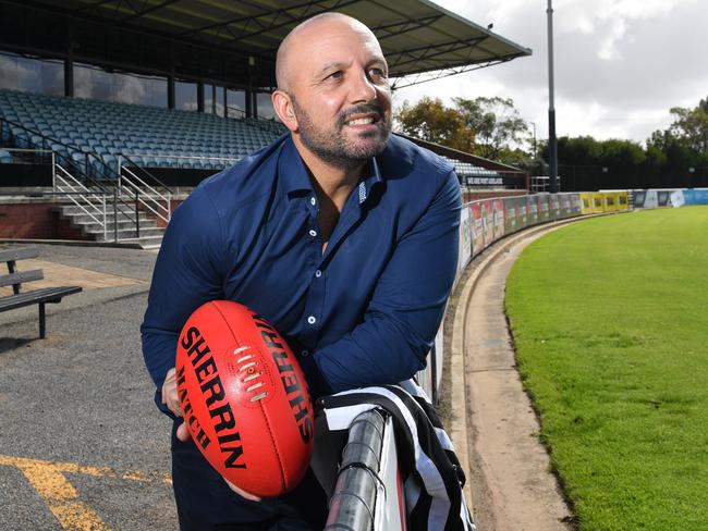 Former Port Adelaide SANFL (1985-97) player George Fiacchi poses for a photograph at Alberton Oval, Alberton, Adelaide on Friday the 1st of May 2020.  George has outlined a plan to help the Magpies remain in the SANFL. (Keryn Stevens/AAP)